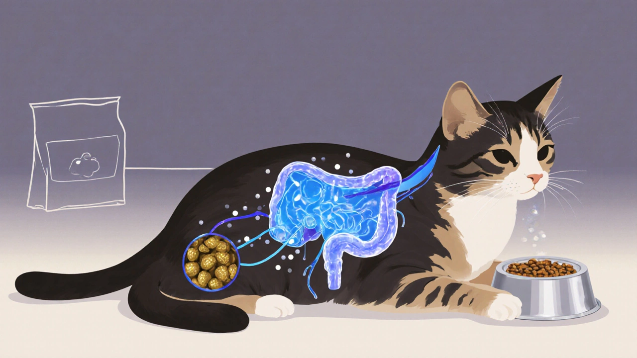 Illustration of a cat with translucent nutrients flowing from added food into its body, symbolizing improved nutrition.