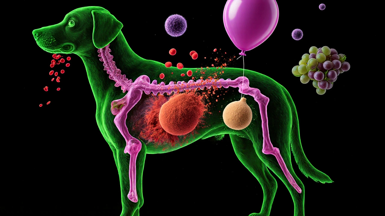 Internal view of a dog&#039;s organs under threat from toxins like onions, yeast, and grapes.