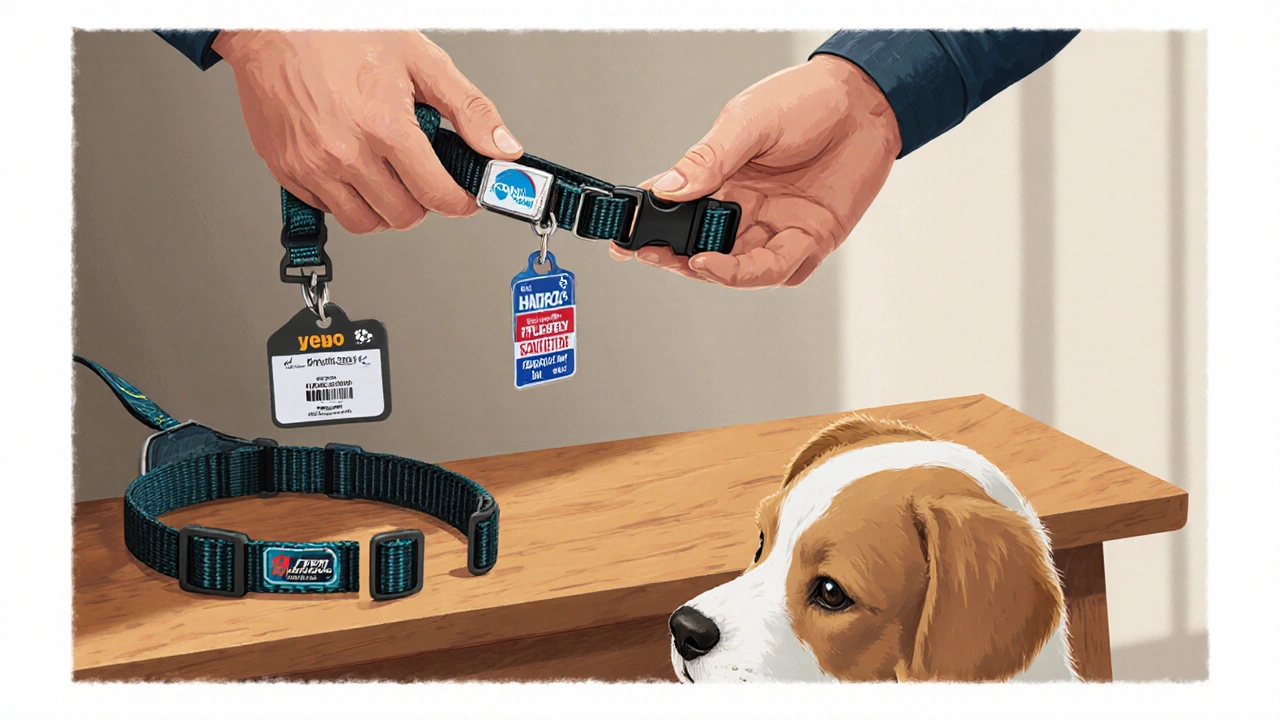 Owner holding two collars—standard and breakaway—beside a harness on a bench.