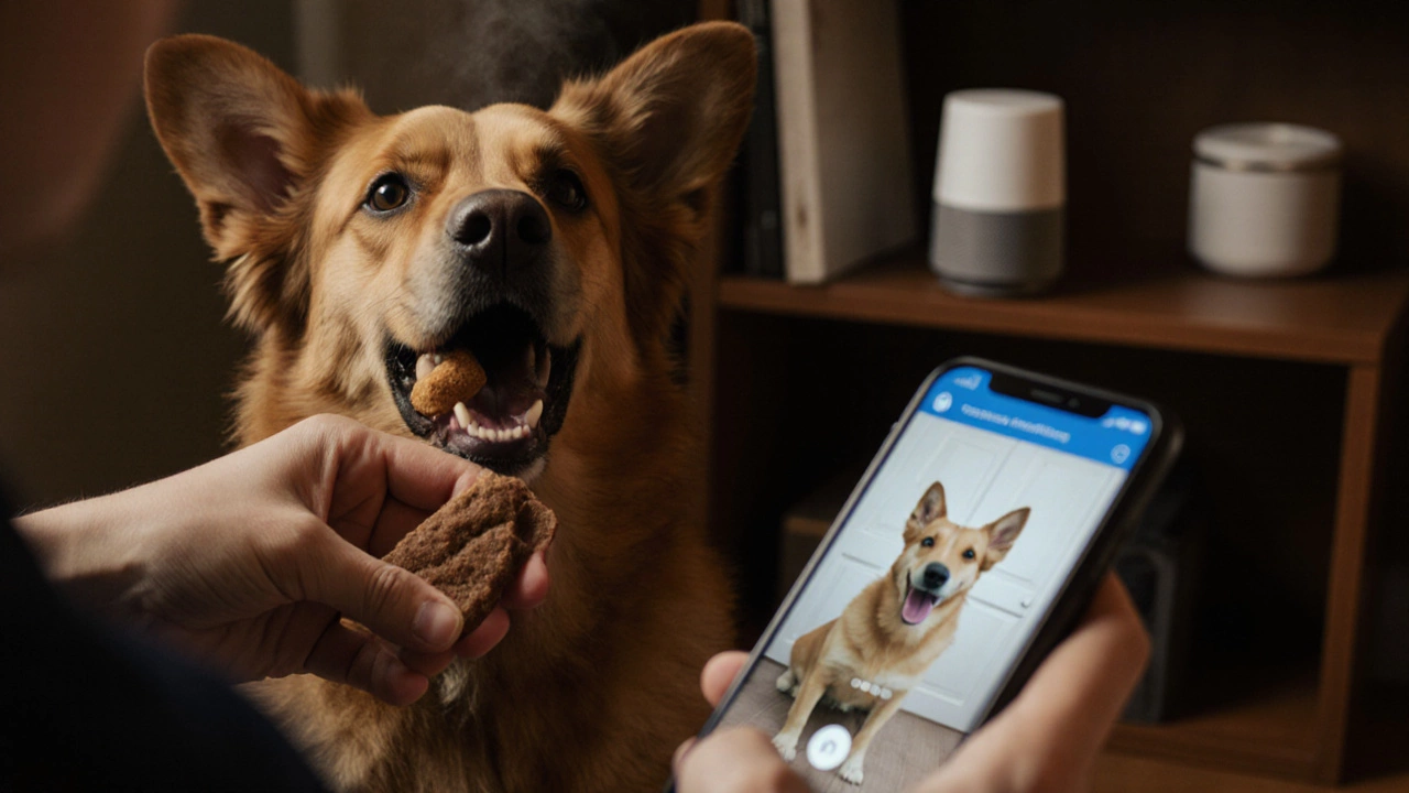 Owner plays doorbell sound while dog sits quietly, receiving a treat.