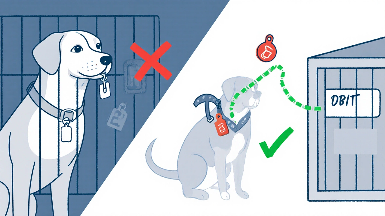 Safe ID alternatives for dogs: microchip, harness tag, and crate label.