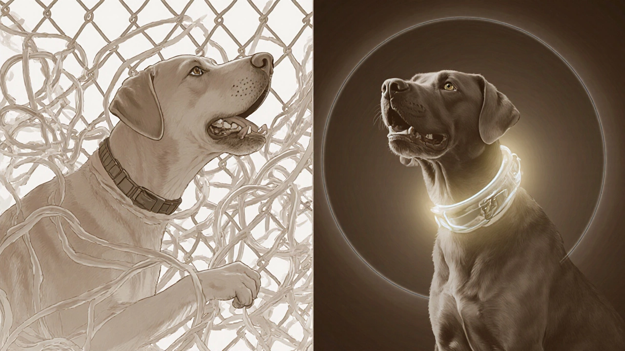 Split-screen: dog injured by regular collar vs. safe after breakaway release.