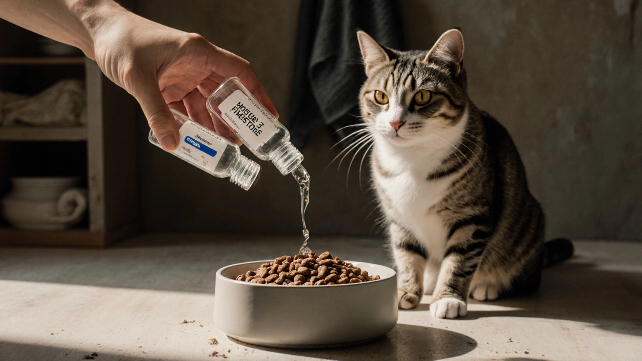 Three nutrient vials pouring into a cat food bowl as a cat watches, symbolizing dietary enhancement.