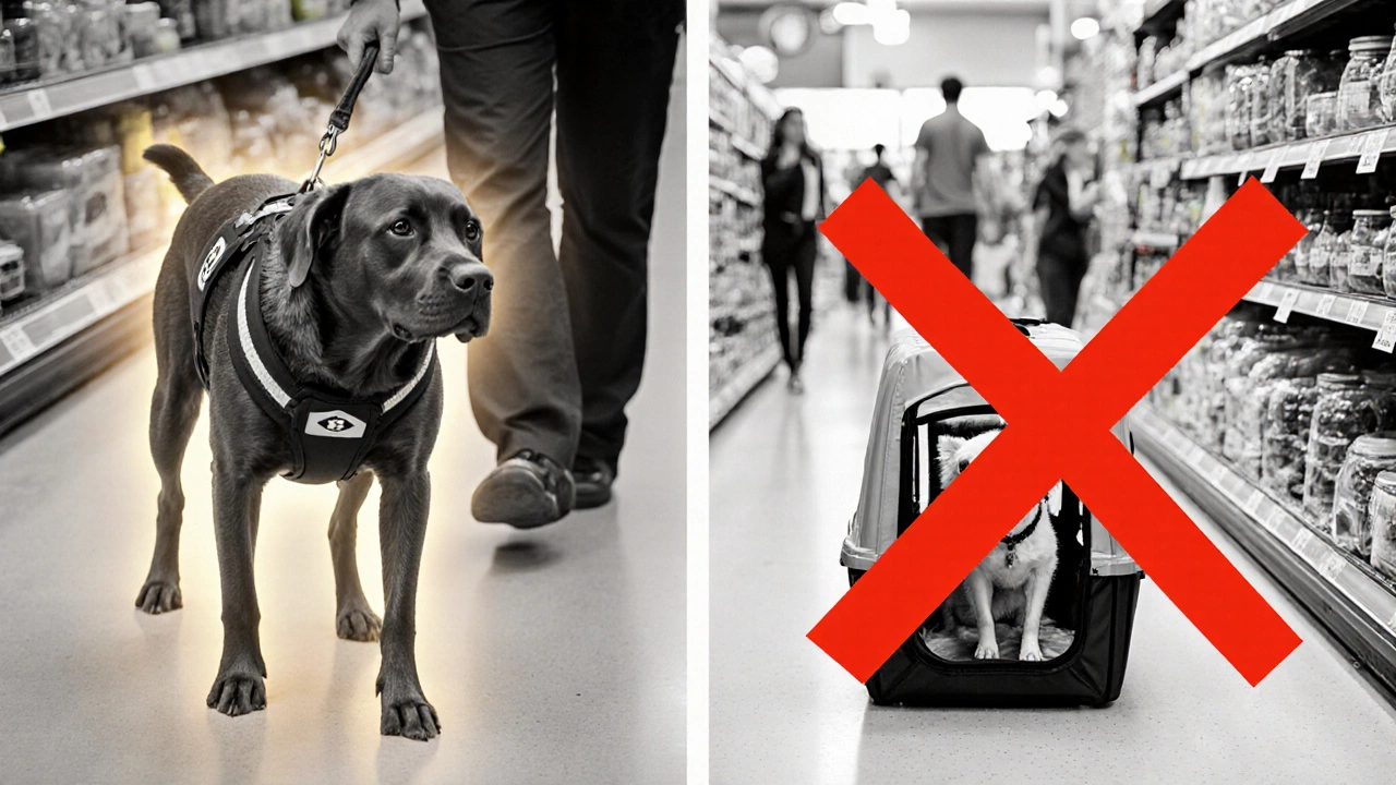 Two paths show a service dog allowed inside a store while a pet in a carrier is barred by a red X.