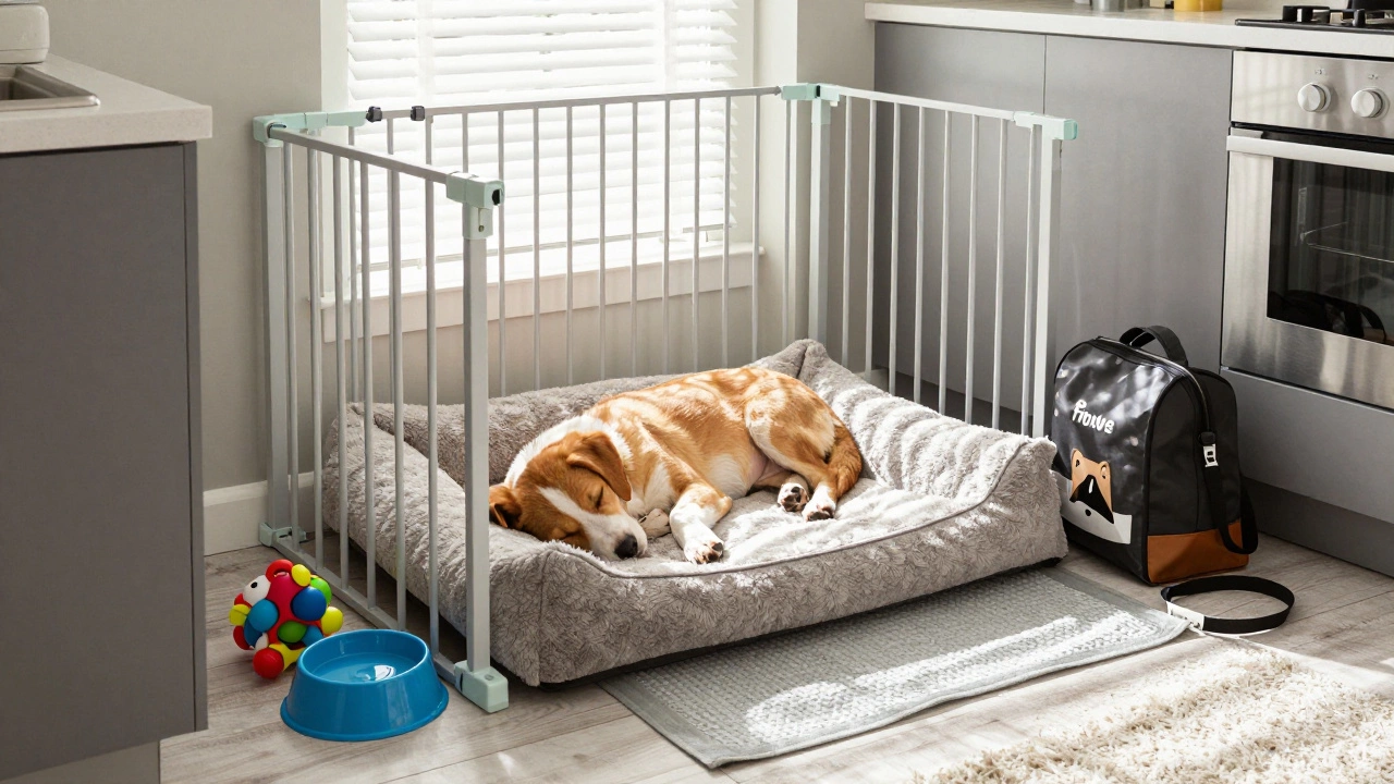 A calm puppy resting in a puppy-proofed kitchen with a puzzle toy and water bowl.
