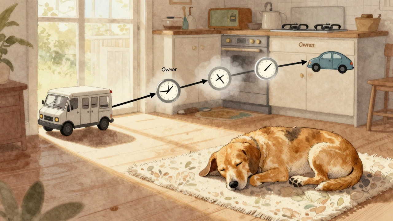 A dog&#039;s sensory timeline shows a mail truck, sun angle, and fading scent cloud around a napping dog in a watercolor style.