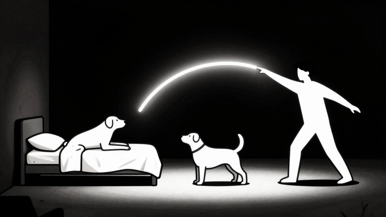 A dog's stretch forms a glowing arc connecting a quiet resting space to a welcoming human figure.