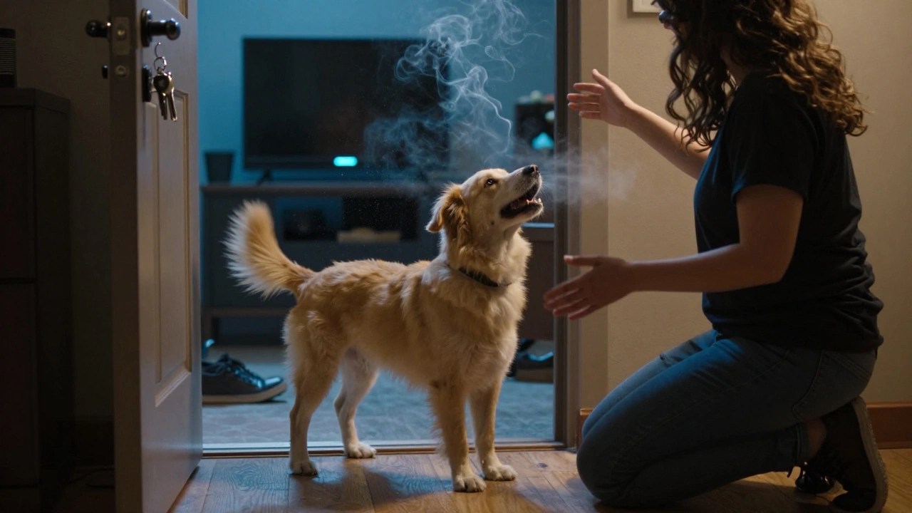 A dog joyfully greets its owner at the door, with familiar routine cues glowing softly in the blurred background.