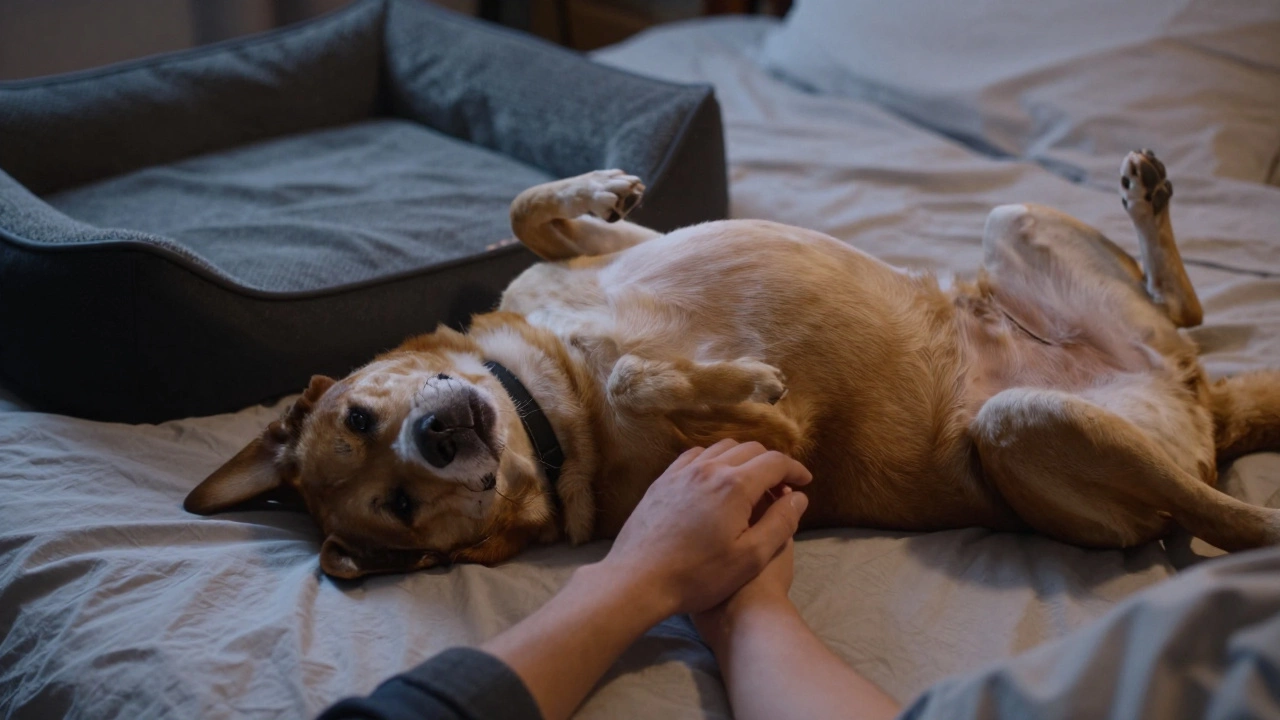 A dog lying on its back, touching its owner&#039;s leg, with an unused dog bed nearby.