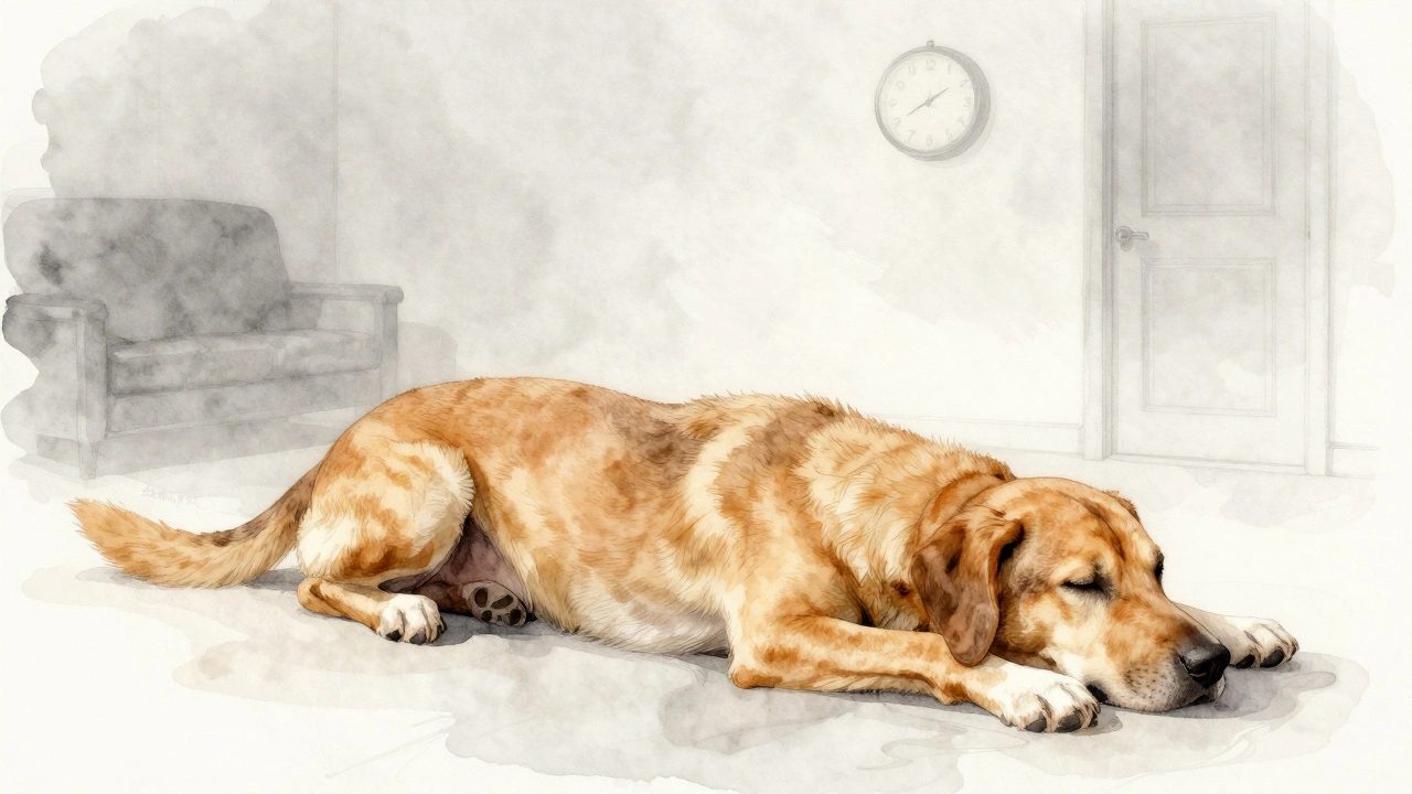 A dog relaxes in a full stretch, surrounded by fading images of solitude, symbolizing emotional release after being alone.