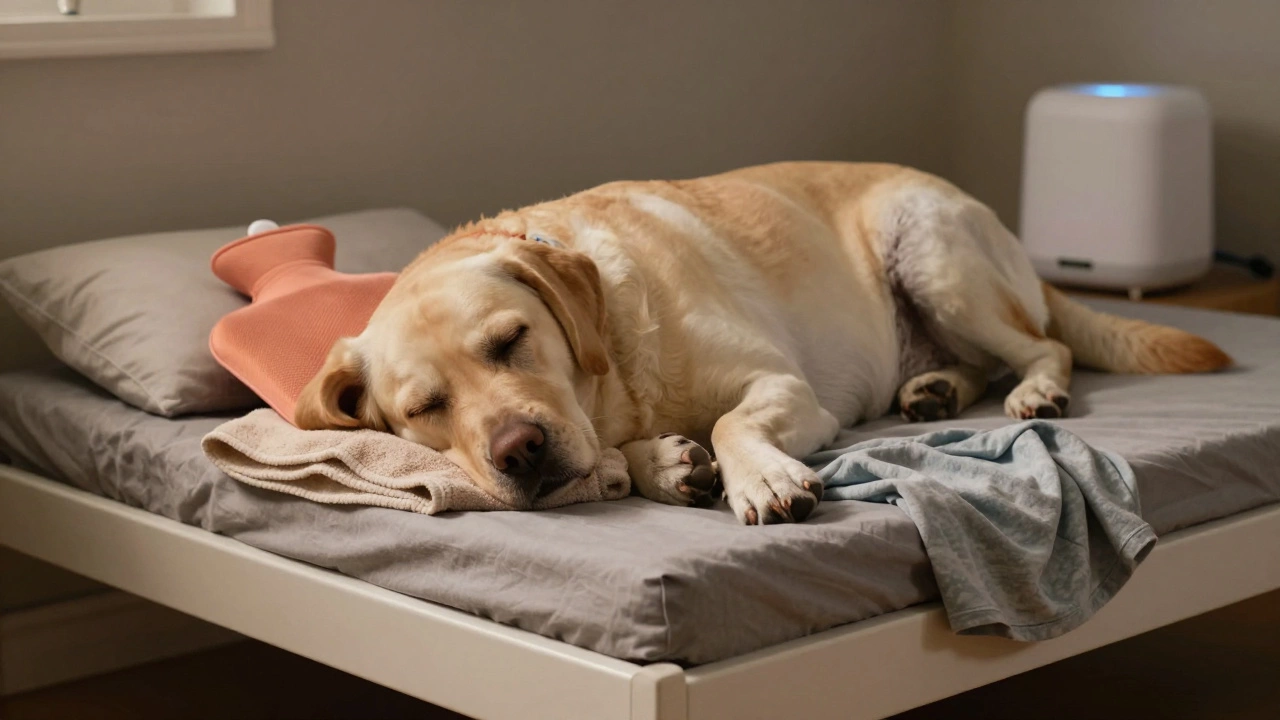 A large dog sleeping comfortably on a raised orthopedic bed beside a human bed.