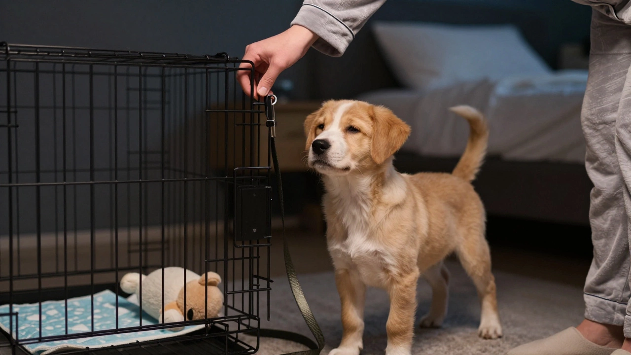 A person gently opening a puppy&#039;s crate at night, with a leash and safe toy visible inside.