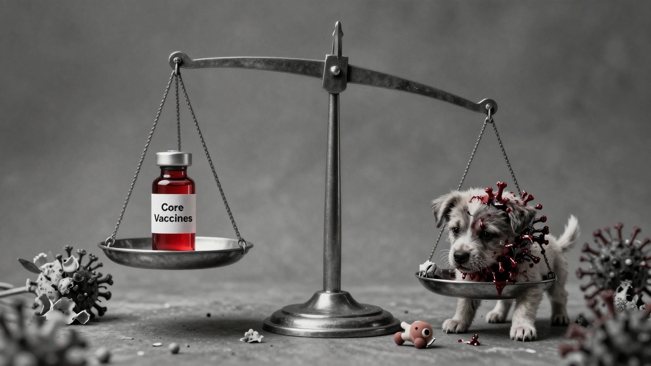 A scale balancing a vaccine vial against a sick puppy, symbolizing prevention vs. tragedy.