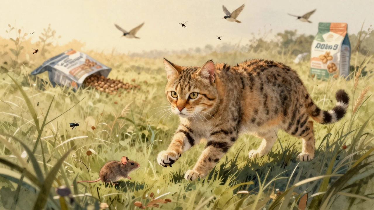 A wildcat hunting small prey in tall grass at sunset.