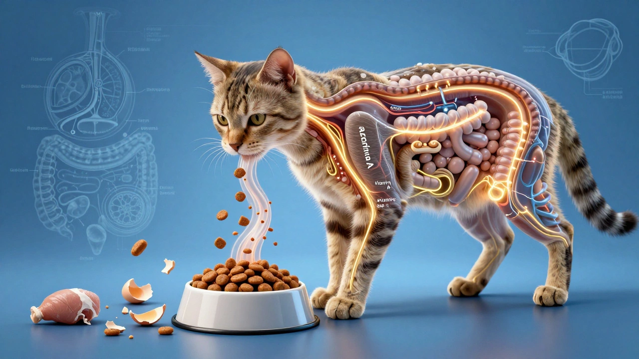 Cat&#039;s internal nutrient pathways glowing from commercial food, human scraps fading.