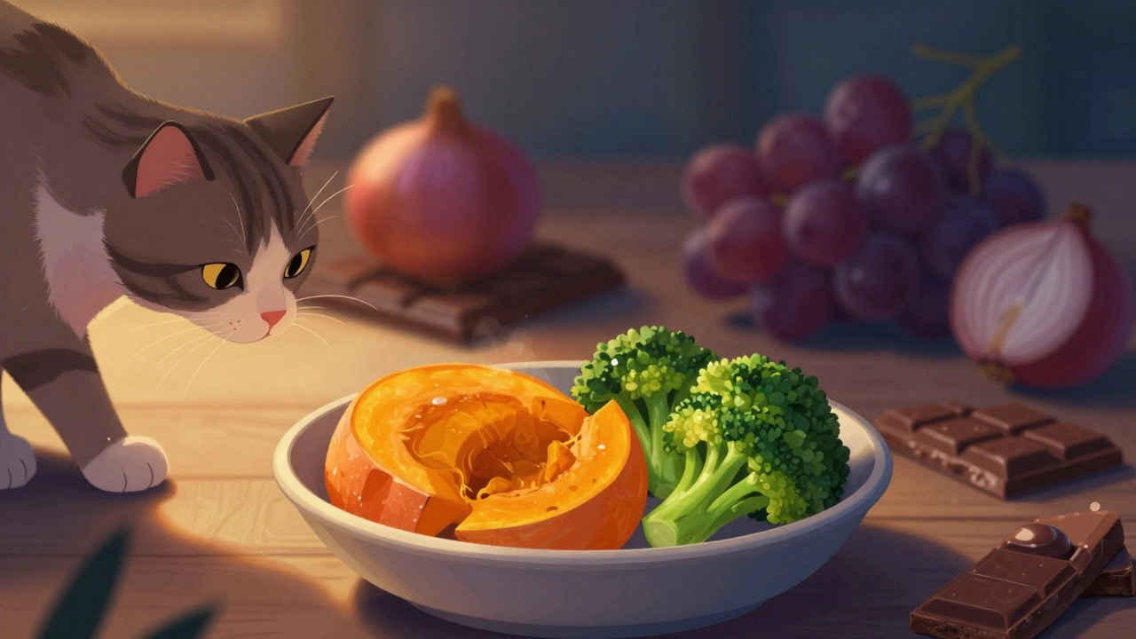 Cat near safe foods while toxic items are blurred in the background.