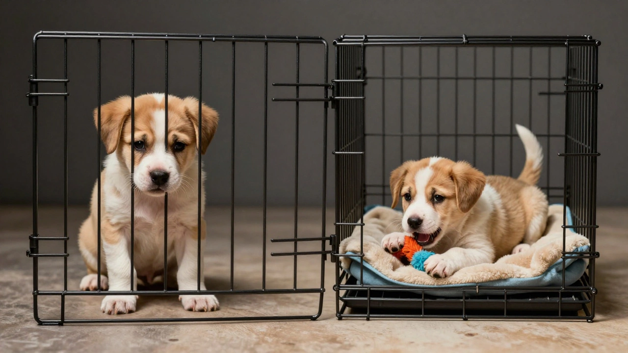 Contrasting images of a stressed puppy at a closed crate versus a relaxed puppy in an open one.