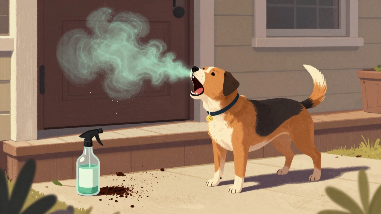 Dog pausing mid-bark as a faint eucalyptus mist drifts near a porch step.