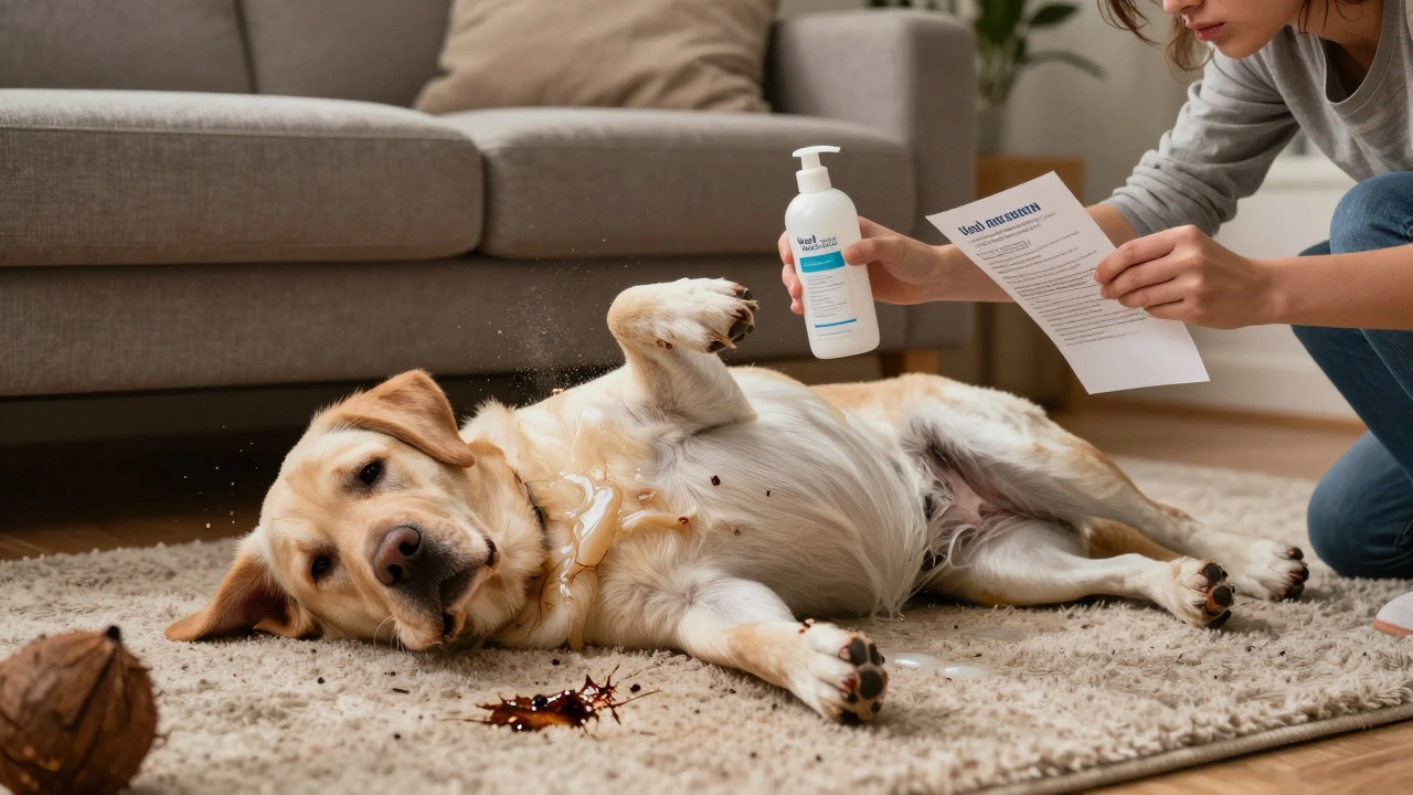 Dog with oily fur lying on a rug, leaving greasy marks on furniture, owner holding shampoo and vet note.