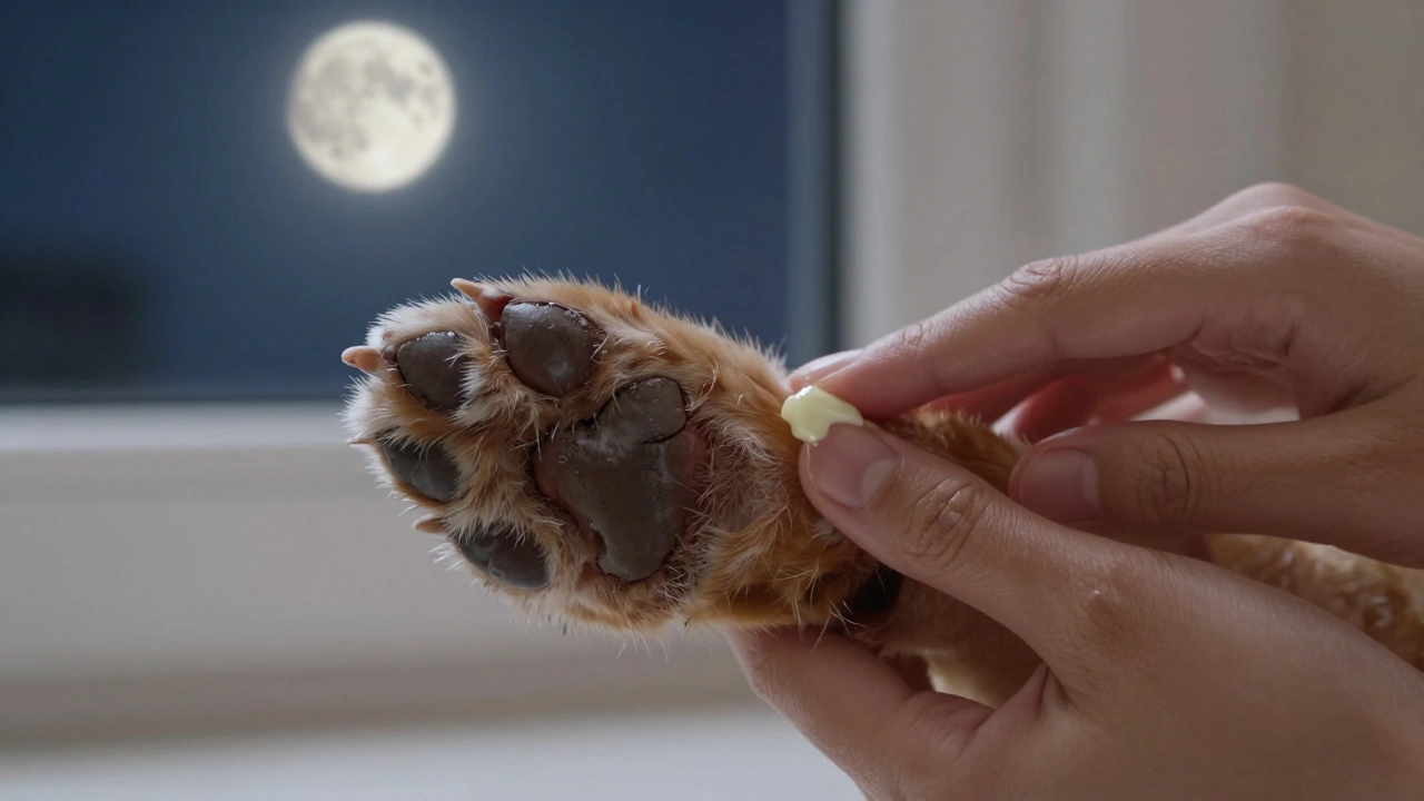 Gentle application of coconut oil to a dog&#039;s dry paw pads at night under moonlight.