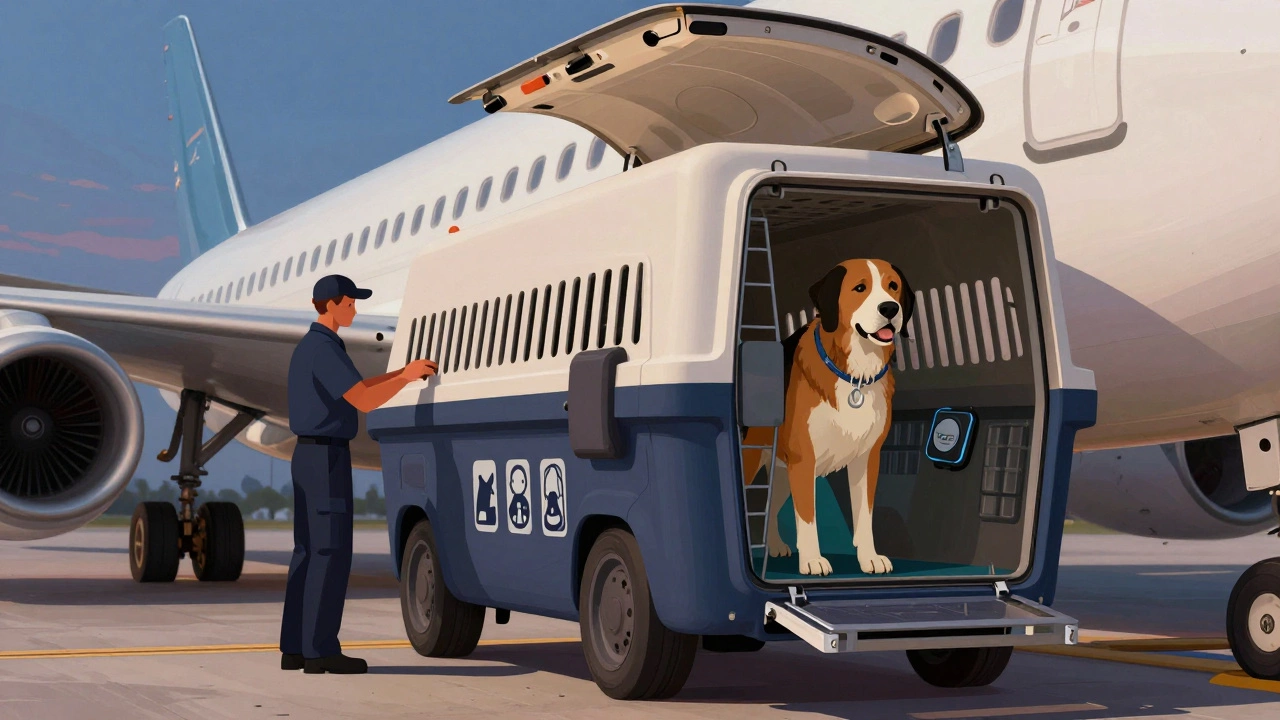 Large dog in a labeled cargo crate being loaded onto a plane by a pet handler at twilight.