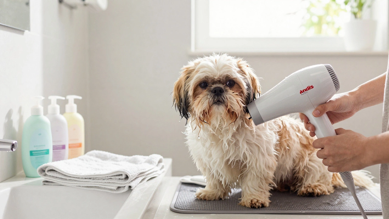 Person drying a Shih Tzu with a quiet blow dryer in a bright bathroom.