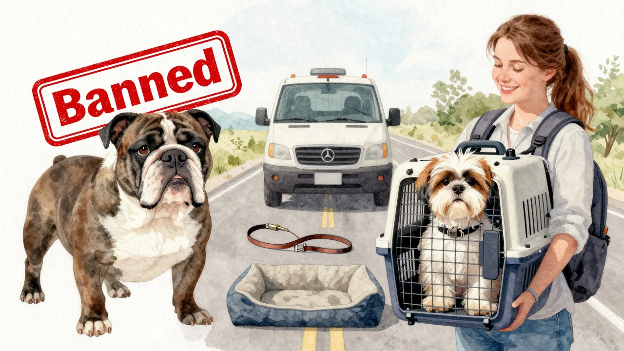 Split image: banned Bulldog on left, safe Shih Tzu on right with road trip van in background.