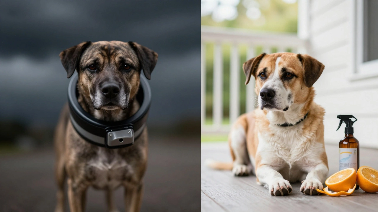 Split image: dog with shock collar vs. dog calm with natural deterrents.