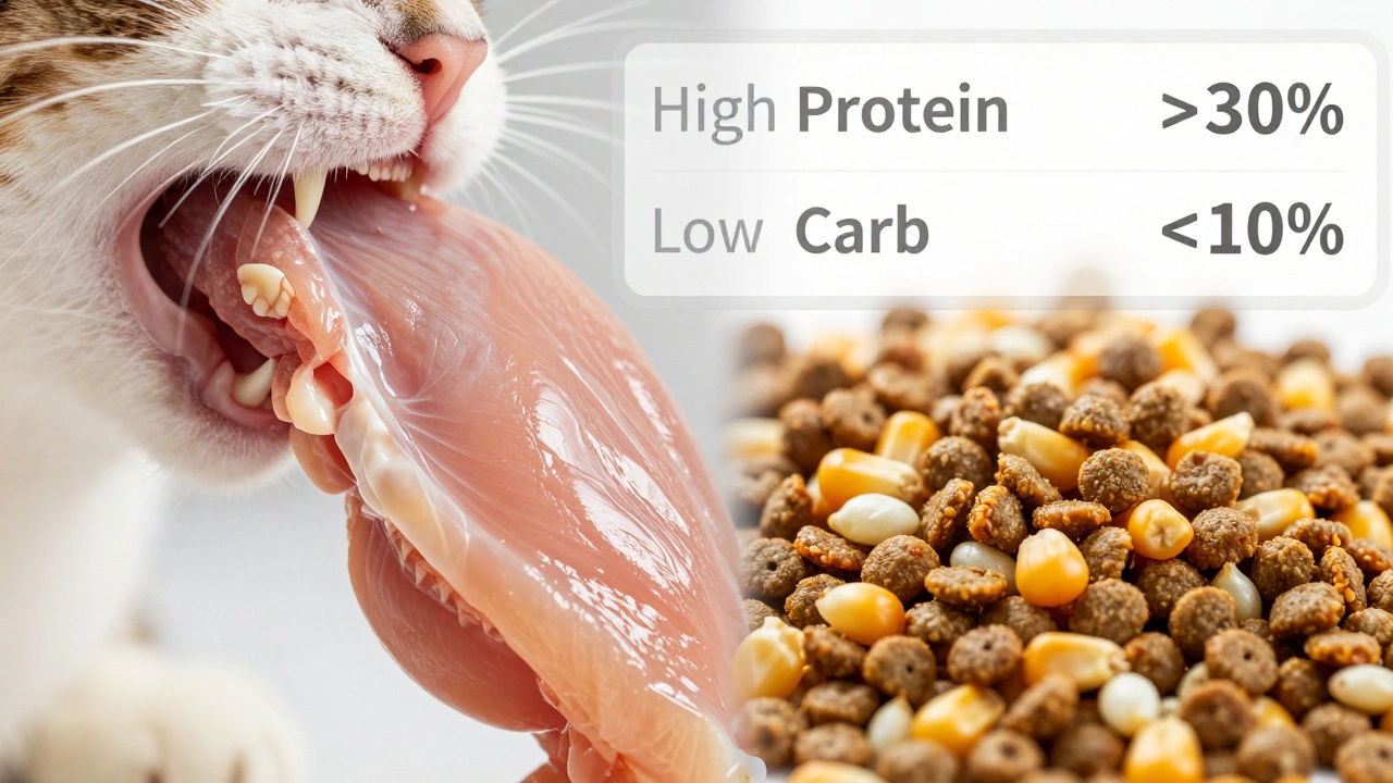 Split image of raw chicken versus dry kibble with nutritional markers.