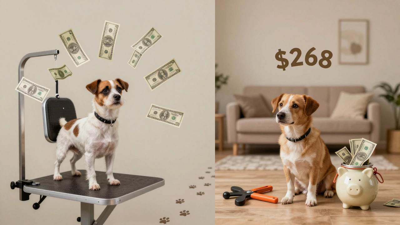 Split image showing high salon costs vs. low home grooming savings.