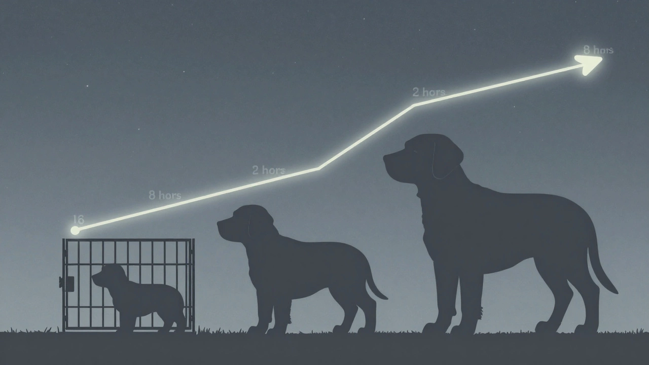 Three stages of a growing puppy in the same crate, showing increasing nighttime sleep duration over weeks.