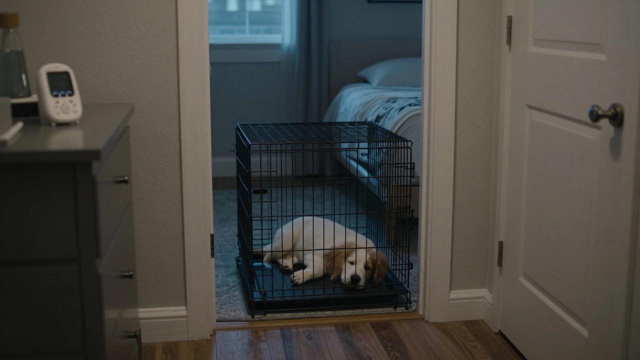A crate sits outside a bedroom door at dusk, puppy sleeping inside, with a baby monitor visible on a dresser.