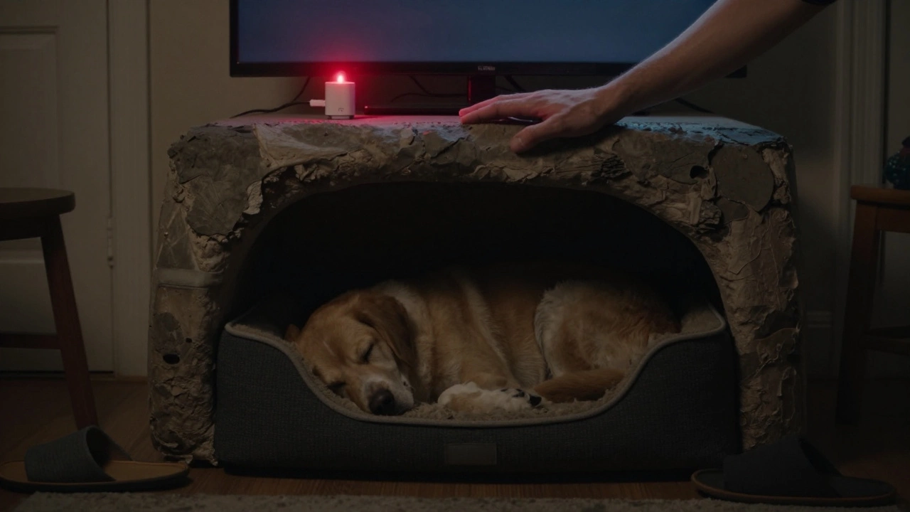 A dog in a den-like bed, with hands turning off night lights to promote restful sleep.