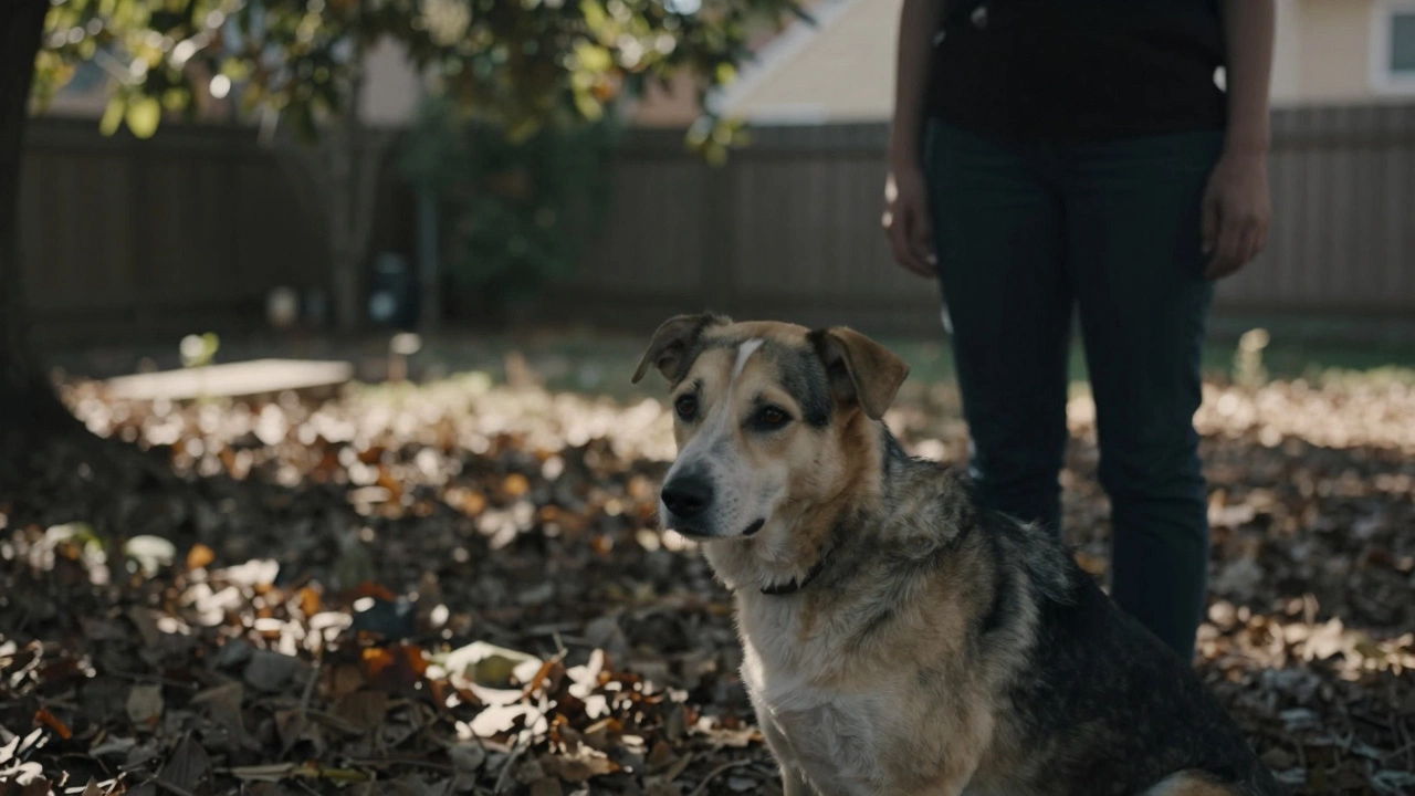 A dog pausing in a backyard to look at its owner, surrounded by falling leaves and soft sunlight.