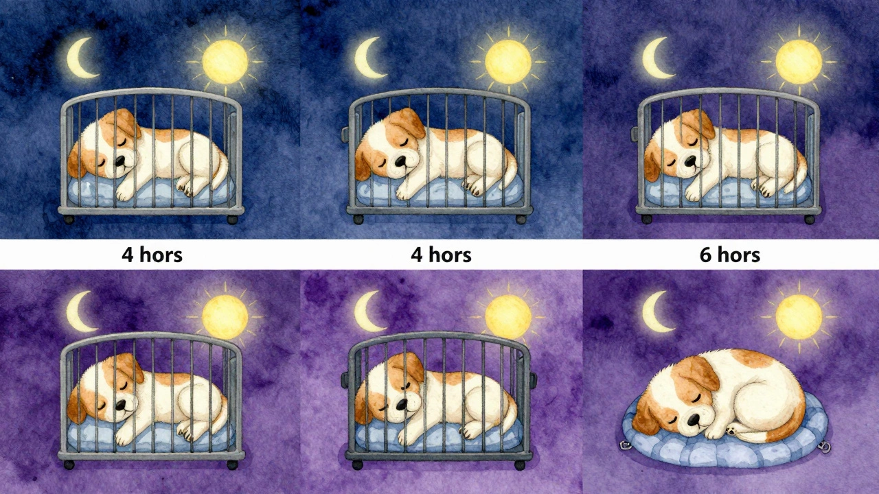 A four-panel illustrated timeline showing a puppy's growing ability to sleep through the night.