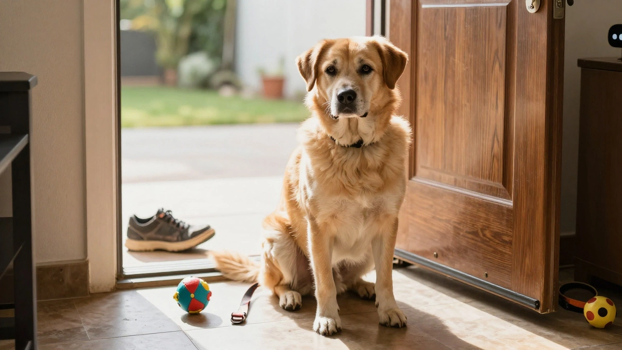 A mature dog sitting calmly by an open door, symbolizing growth and quiet obedience after teenage years.