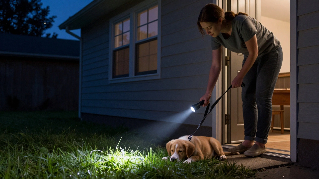 A new owner taking a young puppy outside for a quiet nighttime potty break under dim light.