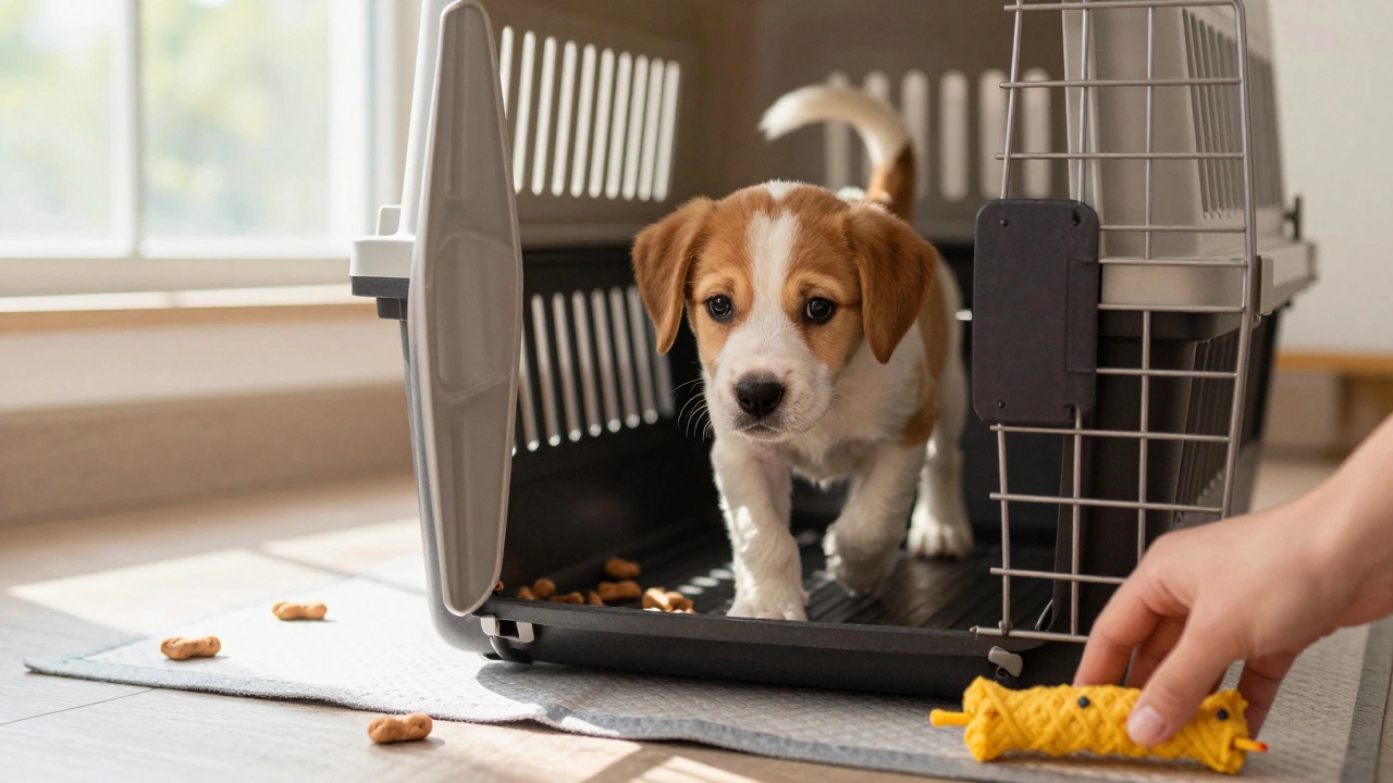 A puppy cautiously approaches an open crate filled with treats, guided by a hand holding a chew toy in sunny room.