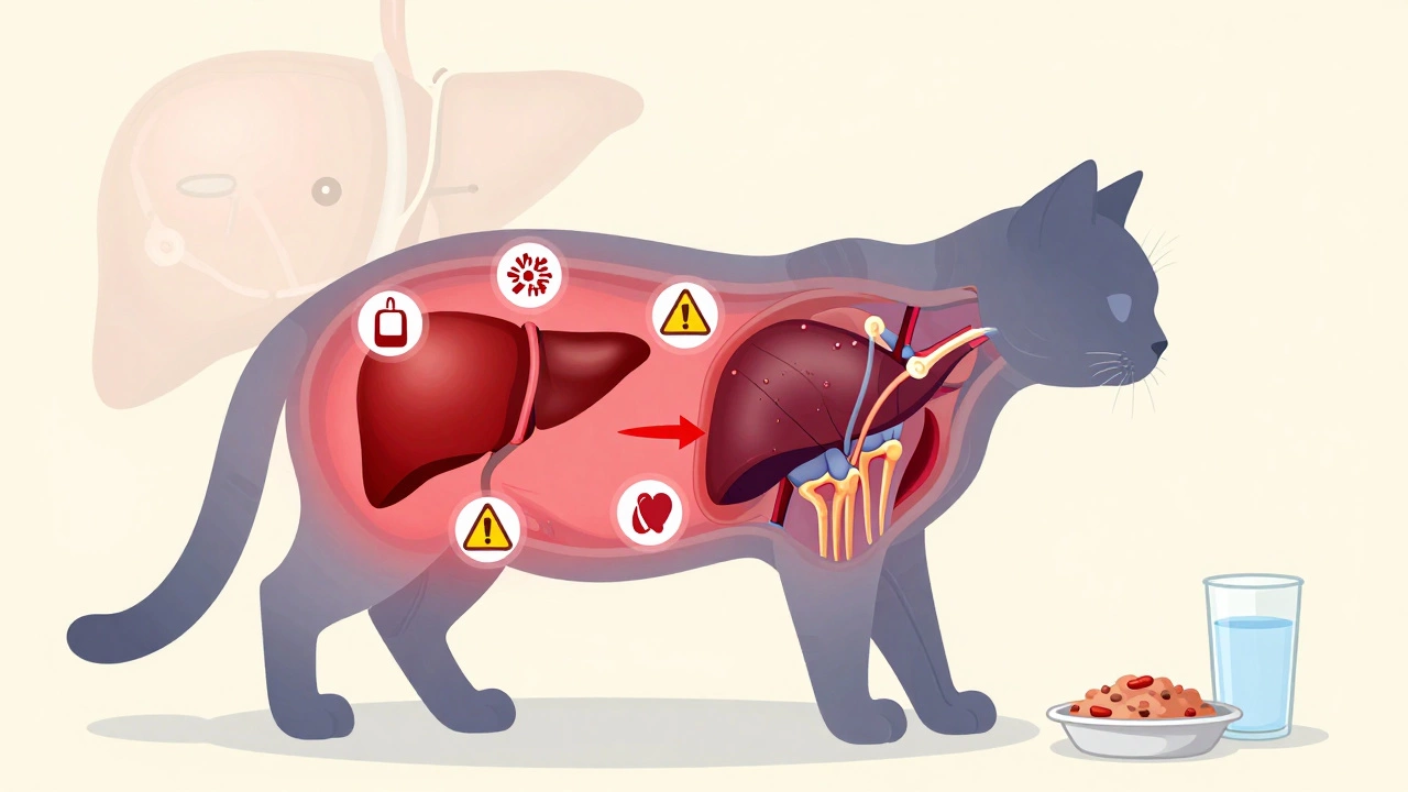A translucent cat with a bloated belly shows health risks, beside a healthy cat with proper nutrition.