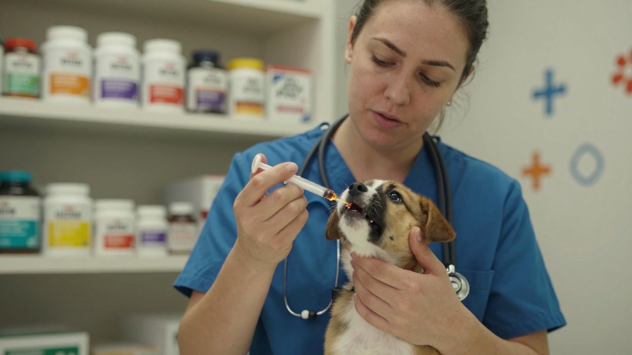 A vet giving salmon oil to a puppy in a clinic, surrounded by trusted pet supplement bottles.