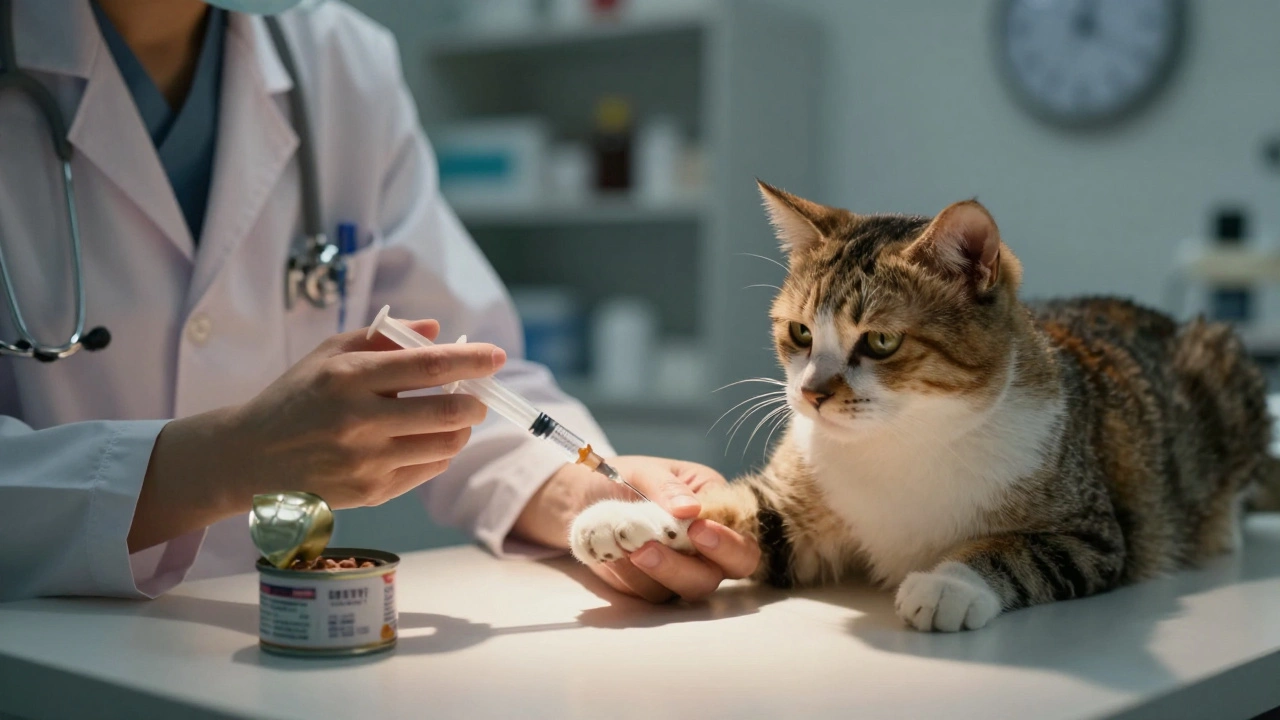A veterinarian gently giving fluids to a weak cat on an exam table at night.