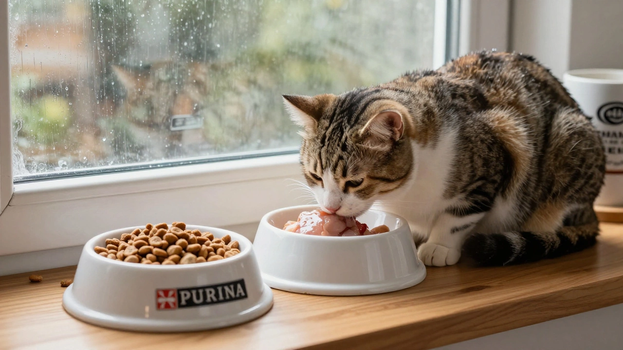 Cat eating from two bowls—one with dry food, one with wet food—by a rainy window.