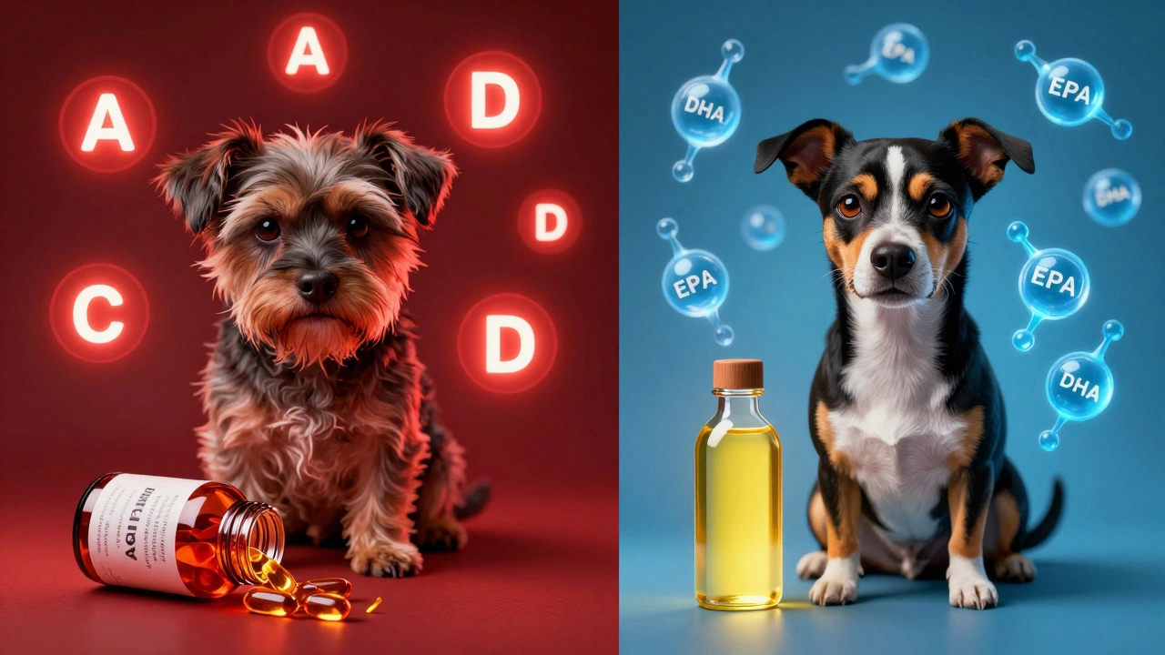 Contrasting images: a sickly dog with toxic vitamin icons vs. a healthy dog with omega-3 molecules.