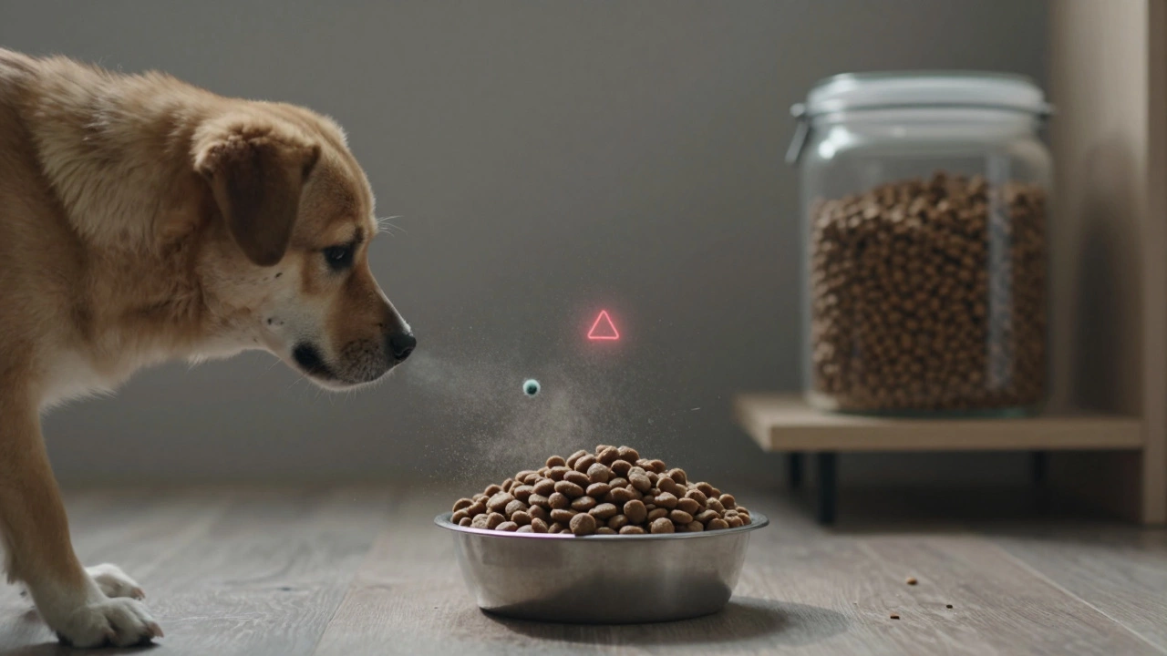 Dog refusing to eat from a contaminated bowl as fresh food sits safely nearby.