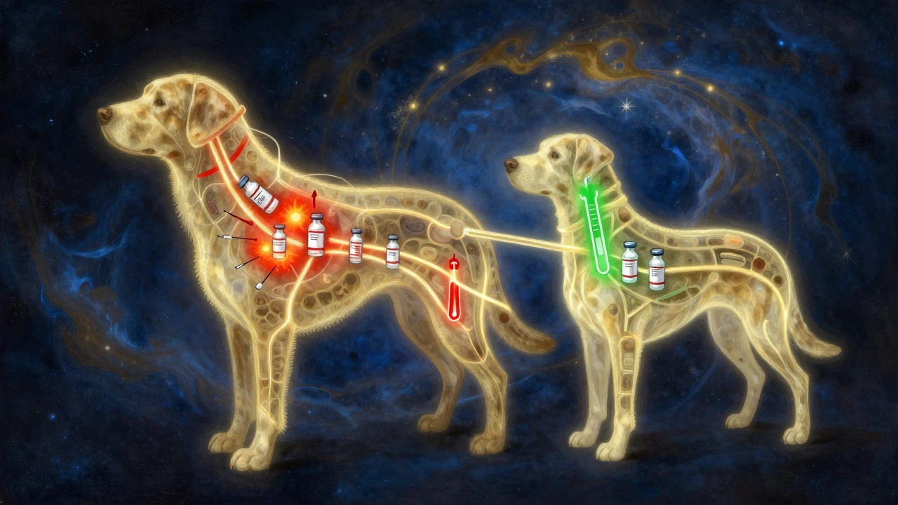Illustration of a dog's immune system overwhelmed by vaccines versus balanced core immunity.