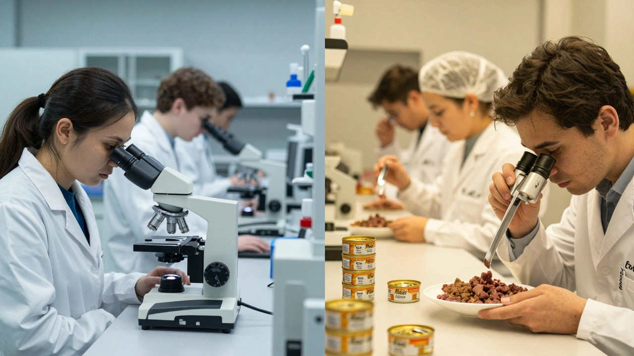 Lab technicians analyzing dry kibble and wet pâté in separate workstations.