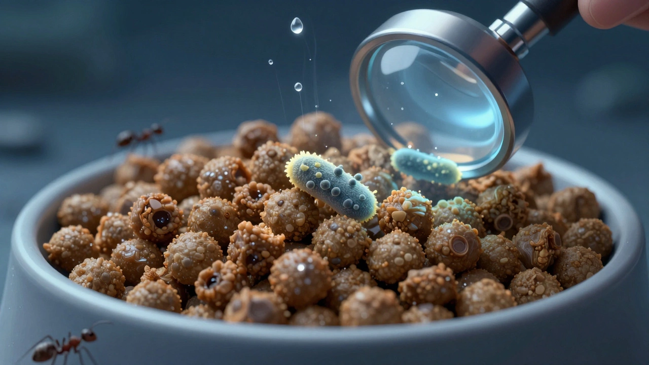 Magnified view of dry dog kibble with bacteria and moisture forming on its surface.