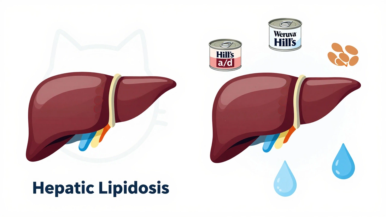 Medical illustration comparing a diseased cat liver to a healthy one with nutrient icons.