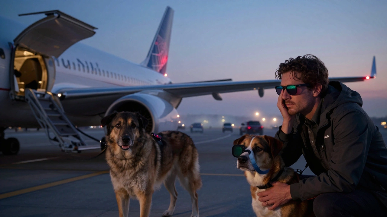 Owner watches large dog’s crate being loaded onto jet at dusk, pet tracker reflected in sunglasses.