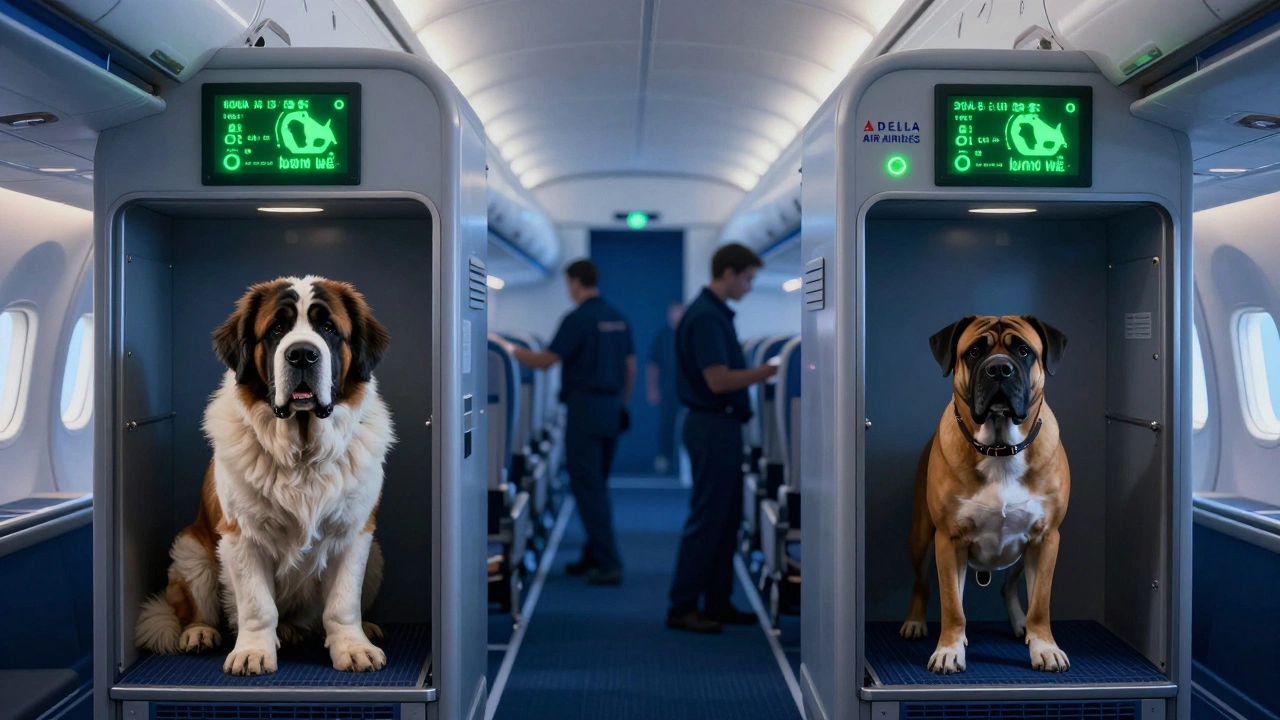 Saint Bernard and Mastiff in climate-controlled cargo holds with digital pet tracker display on plane.